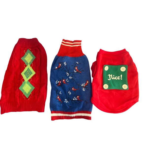 3 Dog Sweaters Winter Christmas Embroidered Cardinals Naughty Nice Sz Medium - Picture 1 of 6